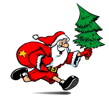 Noel Baba 'yı hediye çantasıyla ve Noel ağacıyla koşturmak. Yeni yıl kartı, afiş ya da poster karakteri. Şeffaf arkaplanda vektör.