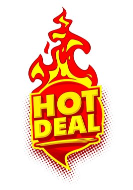 Hot Deal promosyon etiketi. Düz yangın afişi, fiyat etiketi, iyi anlaşma, satış, teklif, fiyat. Şeffaf arkaplanda vektör