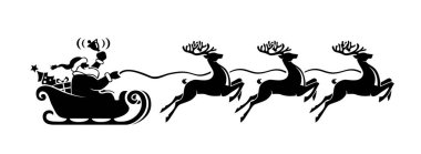 Noel Baba kızağına biniyor ren geyikleri tarafından çekiliyor ve zili çalıyor. Şeffaf arkaplanda Vektör Noel ögesi