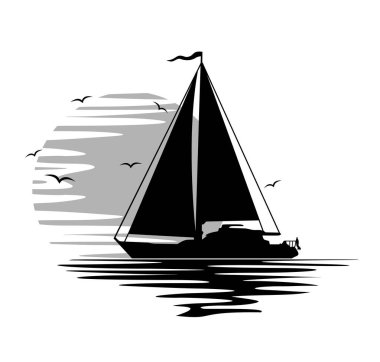 Günbatımı arka planında martılarla çevrili dalgalarla denizde yüzen bir yat. Şeffaf arkaplanda vektör logo şablonu