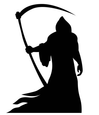 Siyah giyimli ve büyük tırpan taşıyan Azrail silueti. Şeffaf arkaplanda vektör simgesi