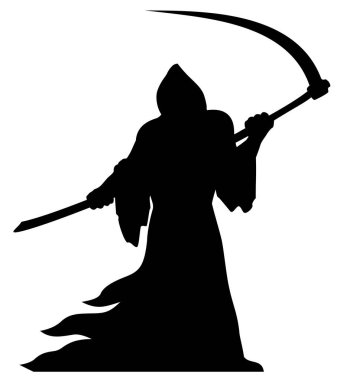 Siyah cüppeli Azrail silueti büyük bir tırpan salladı. Şeffaf arkaplanda vektör simgesi