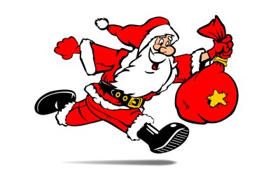 Running fast Santa Claus with giving bag. Character for New Year card, banner or poster. Vector on transparent background. clipart