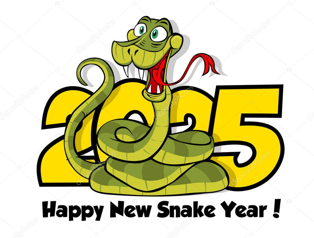 2025 Snake logo design. Chinese New Year 2025. Fun green cartoon snake  in comic style . Vector on transparent background