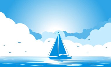 Mavi deniz ve gökyüzünde bulutlu bir siluet. Seyahat reklamı için vektör şablonu