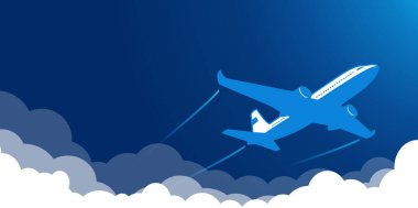 Mavi gökyüzünde bulutların üzerinde uçan uçak. Web sayfası başlığı için vektör arkaplan şablonu, seyahat reklamı