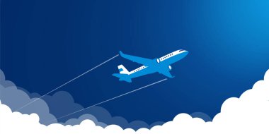 Gökyüzündeki uçak bulutların üzerinden güneşe doğru yükseliyor. Vektör çizgi arkaplanı