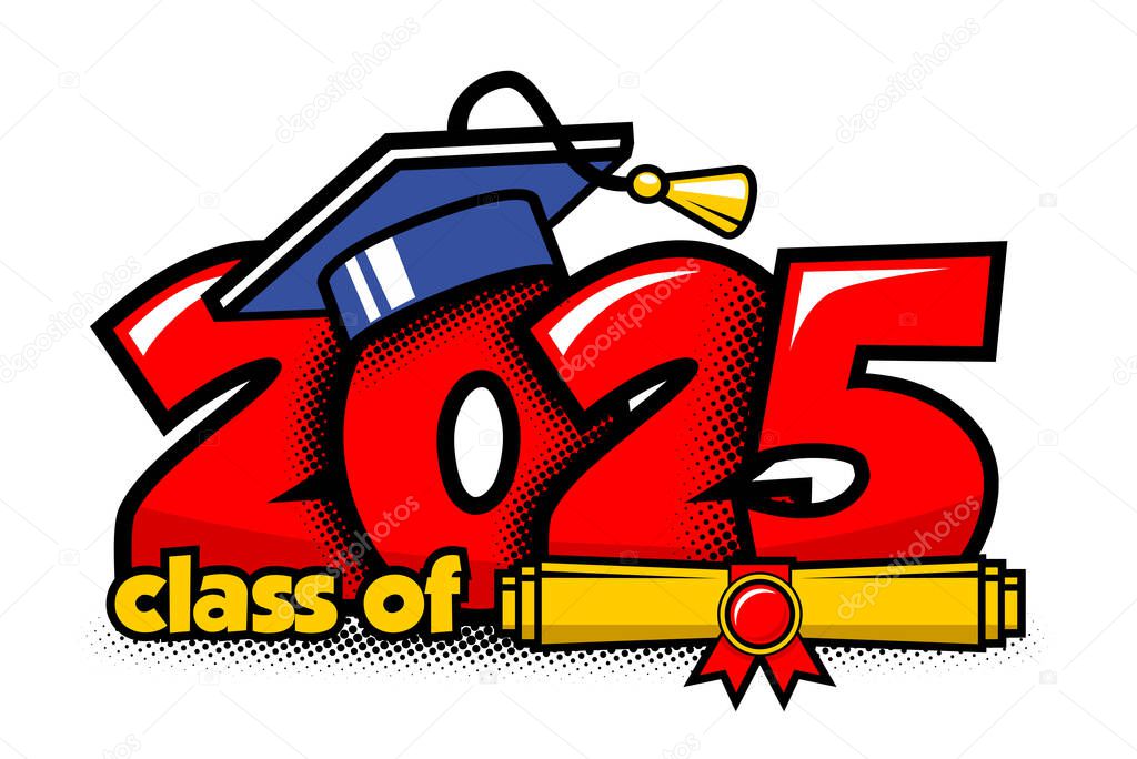 2025 class graduate header. Decorate congratulation for school graduates in comic cartoon style. Vector on transparent background