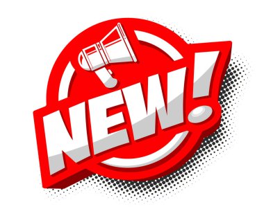 Yeni mi? Komik konuşma balonu. Satış, tanıtım, indirim, hoparlörün ses efektiyle gelen harfler. Şeffaf arkaplanda vektör