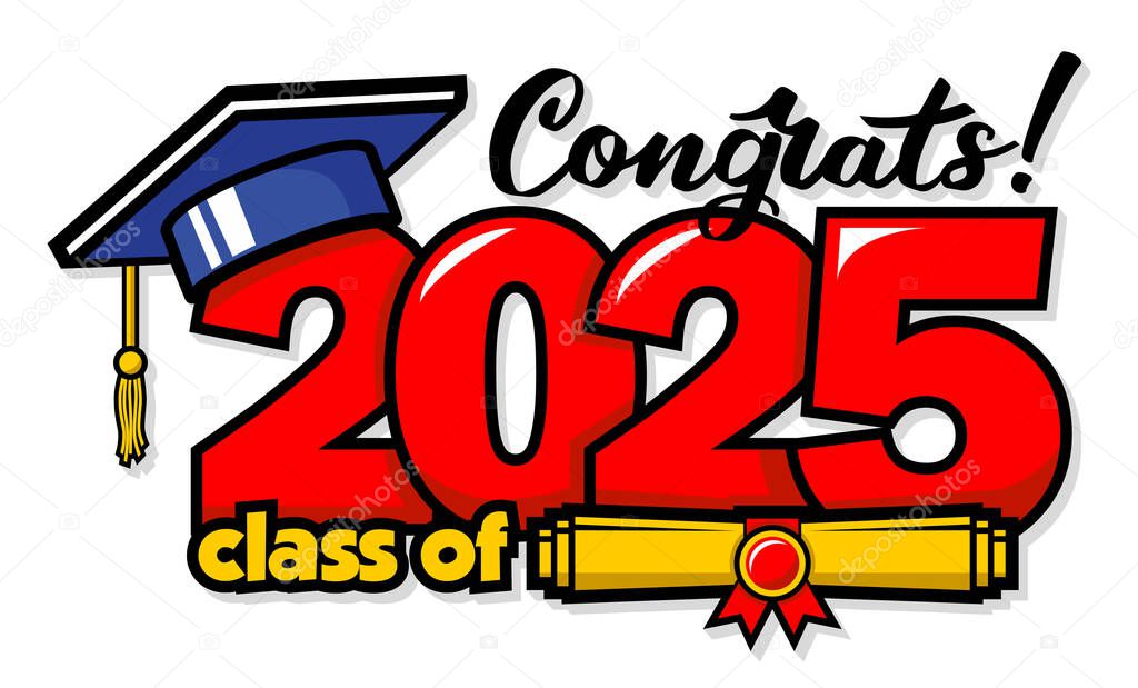 2025 class graduate header. Decorate congratulation for school graduates in comic cartoon style. Vector on transparent background