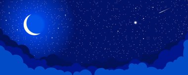Mavi gece bulutlu yıldızlı gökyüzü. Parlak hilal ve karanlık gökyüzünde yıldızlar. Vektör güzel arkaplan