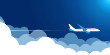 Bulutların üzerinde mavi gökyüzünde uçan uçak arkasında iz bırakır. Web sayfası heade için resim, düzenlenebilir vektör şablonu