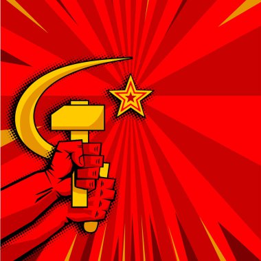 Kırmızı propaganda poster tarzı. Orak ve çekiç ellerinde, ışınları olan beş köşeli yıldız. Metin için vektör şablonu