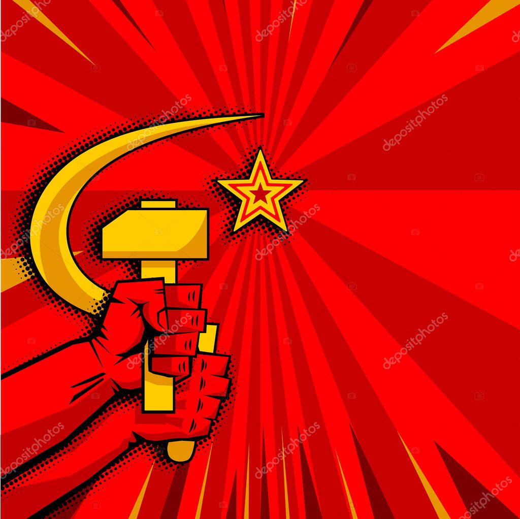 Red propaganda poster retro style. Sickle and hammer in hands, five-pointed star with rays. Vector template for text