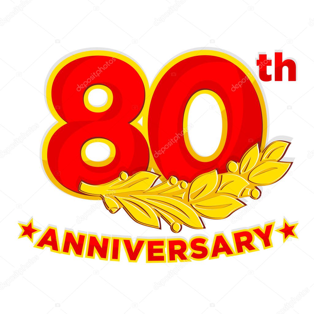 80th anniversary - strict style red with gold logo for memorable date, event, celebration, greeting card, invitation. Golden laurel branch, stars. Vector on transparent background