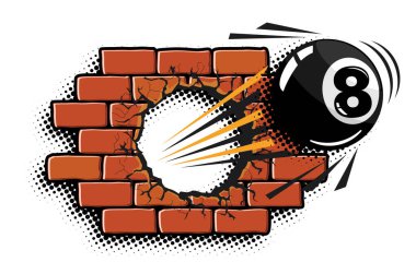 Bilardo topu kırmızı tuğla duvarı kırıyor. Şeffaf arkaplanda vektör spor şablonu