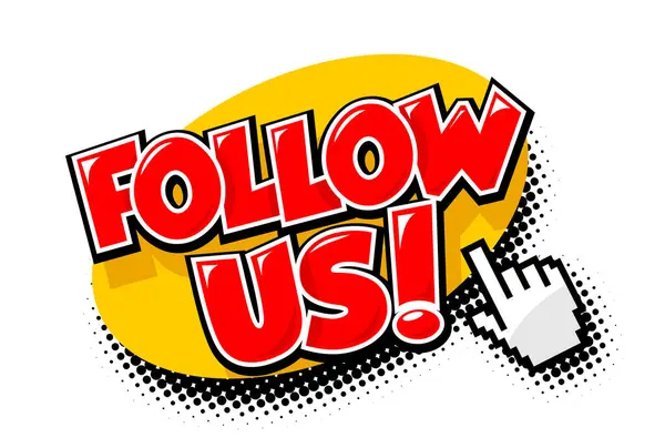 Konuşma baloncuğu imleci bizi takip edin. Çizgi roman tarzında yarım tonluk gölge. Şeffaf arkaplanda düz vektör el çizimi