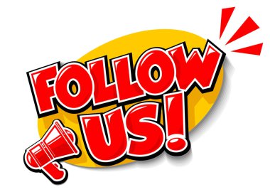 Megafonla bizi takip et. Çizgi roman tarzında mektup. Şeffaf arkaplanda düz vektör el çizimi