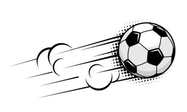 Futbol topu yüksek hızda uçar. Çizgi roman tarzında şeffaf arkaplan üzerinde vektör 