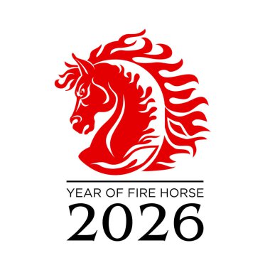 Mutlu yıllar 2026. Kırmızı ateş atı yılı, siluet at kafası çizimi ve poster, broşür, afiş, davetiye kartı için 2026 numara. Şeffaf arkaplanda vektör