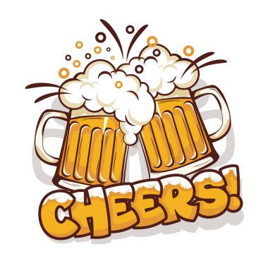 Çizgi roman tarzı bira zamanı posteri. Bira bardakları ve tezahürat kelimeleriyle el yapımı tasarım. Şeffaf arkaplanda vektör