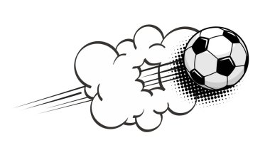 Futbol topu yüksek hızda uçar ve bulutları aşar. Çizgi roman tarzında şeffaf arkaplan üzerinde vektör 