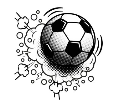 Football soccer ball in comic halftone style. Black and white vector template on transparent background