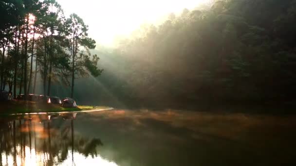 Tiro Aéreo Raios Luz Solar Lago Com Parque Campismo Nascer — Vídeo de Stock