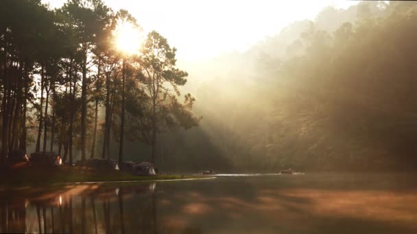 Raios Sol Lago Com Parque Campismo Nascer Sol Lago Pang — Vídeo de Stock
