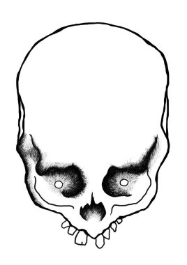 Kafatası ve çapraz kemikler, kırık dişli kafatası. Resim, siyah beyaz kalem çizimi