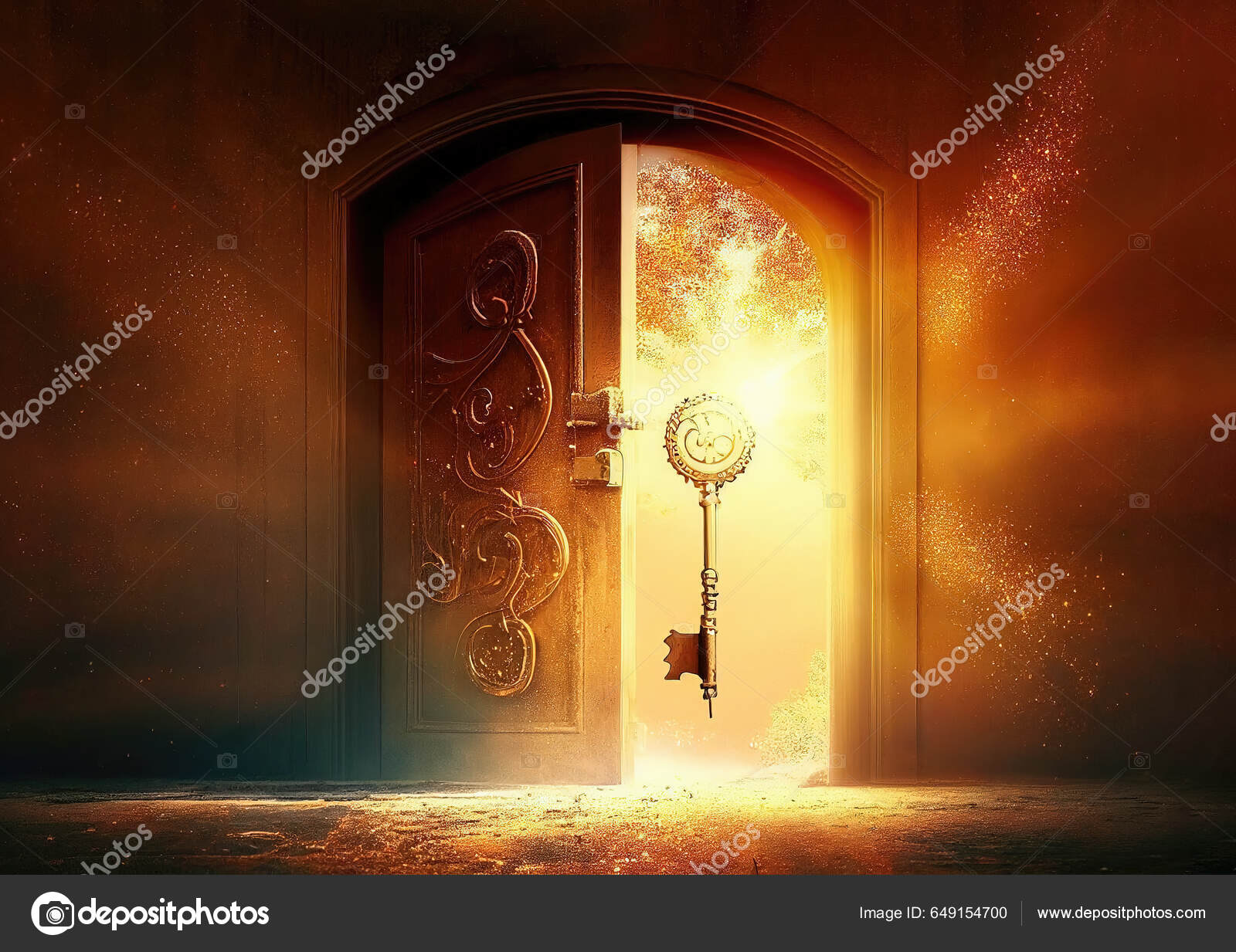 Magic Key Opening Door Dimension Light Golden Light Coming Open Stock Photo  by ©StudioLightAndShade 649154700