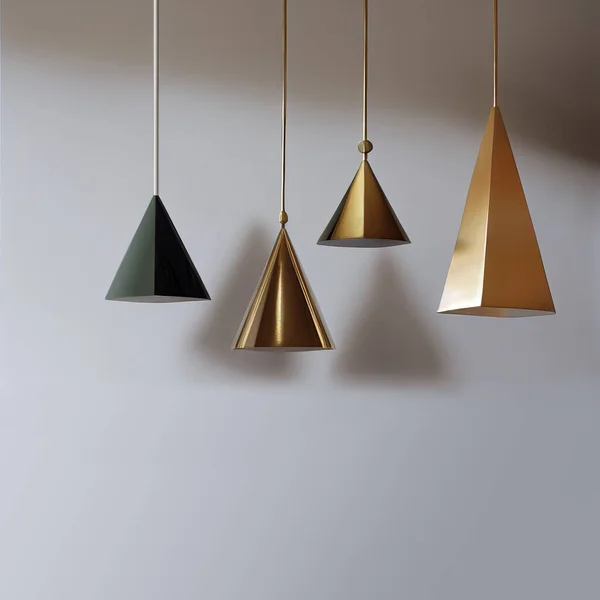 Złote Mosiężne Lampy Wiszące Szarym Tle Minimalistyczne Skandynawskie Wnętrze — Zdjęcie stockowe