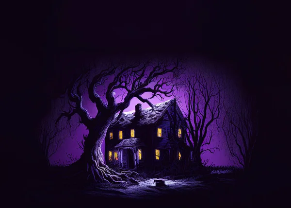 Old Haunted House Night Surrounded Dark Trees Space Text — Stock Photo, Image