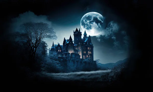 Old haunted castle under the moon at night, surrounded by dark trees.
