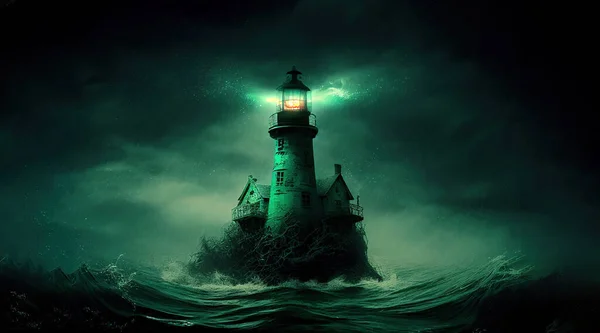 在一个小岛上的汹涌大海中 一座古老的闹鬼灯塔 — 图库照片