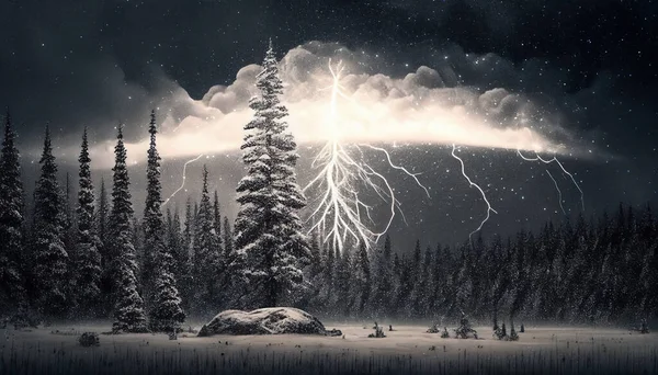 泰加的灾难性雷电风暴 对无法解释的通古斯卡事件的幻想解释 特斯拉的流星或失败的电力实验 — 图库照片