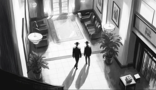 Two Men Black Mission Walking Empty Hotel Lobby Secret Agents Stock Picture