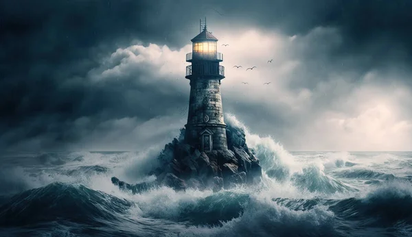 在一个小岩石岛上的汹涌大海中 神秘的闹鬼灯塔 — 图库照片