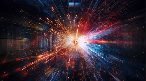 Esplosione Particelle Collisione Concetto Scientifico Scoppio Luce Rossa Blu — Foto Stock