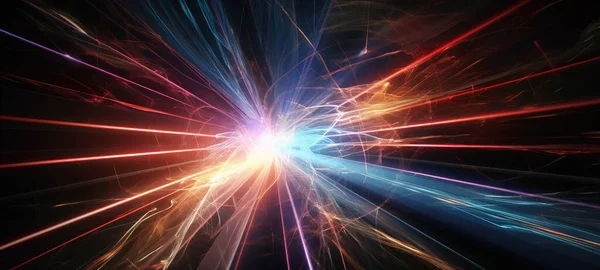 Explosão Poderosa Partículas Colisão Conceito Científico Explosão Luz Vermelha Azul — Fotografia de Stock