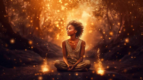 二つの火の間の魔法の森の中で瞑想美しい暗い肌の女性 ストック画像