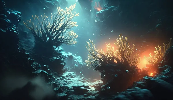 位于陆地行星海洋底部的生物发光珊瑚 海洋生物学 幻想数字插图 — 图库照片