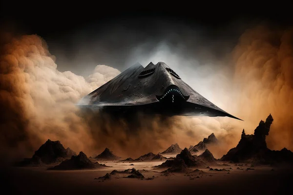 Schwarzes Raumschiff Landet Auf Außerirdischem Planeten Staubwolken Dunkles Außerirdisches Handwerk Stockbild