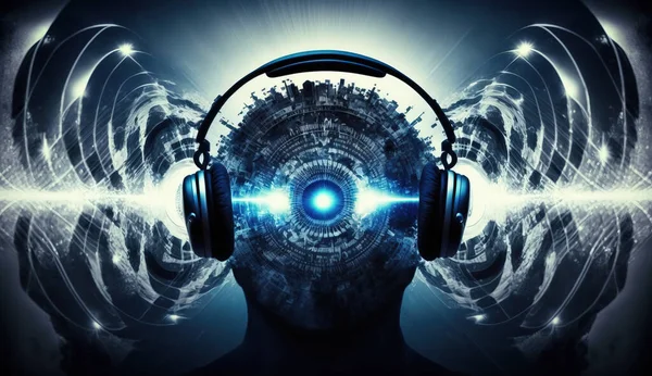 Escuchar Música Los Auriculares Latidos Binaurales Tecnología Audio Ilustración Digital Imagen de stock