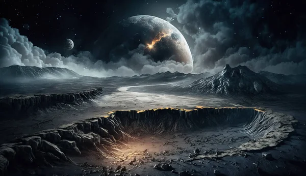 Planètes Rocheuses Sombres Primitives Surface Volcanique Découverte Mondes Étrangers Illustration Photos De Stock Libres De Droits