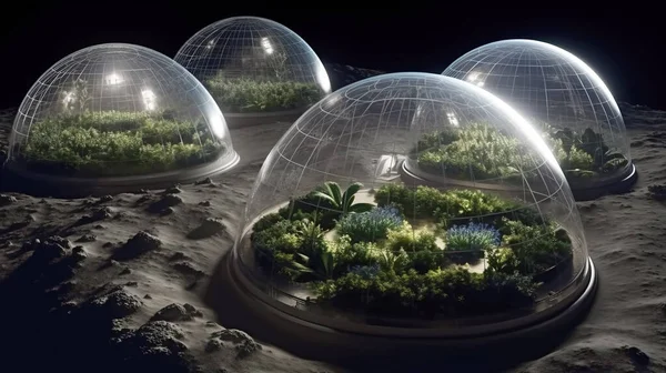 地球や月の表面に緑の植物や野菜を持つ温室 宇宙植民地 ストック写真