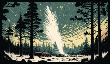 Mysterious unexplained Tunguska event, fantasy illustration. A meteor or a failed electricity experiment by Tesla? clipart