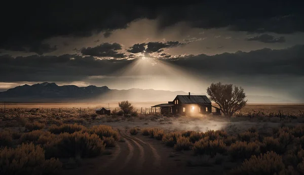 Perili Paranormal Çiftlik Gökyüzünden Parlayan Altın Işığı Kırsal Alanda Terk — Stok fotoğraf