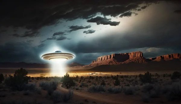 Ufo Shining Mysterious Light Desert Mountains Night Uap Flying Saucer — Stock Photo, Image