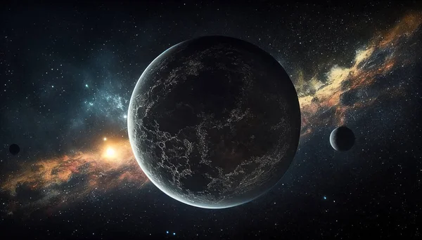 背景に輝く星を持つ暗い岩の惑星 エイリアン惑星発見 — ストック写真